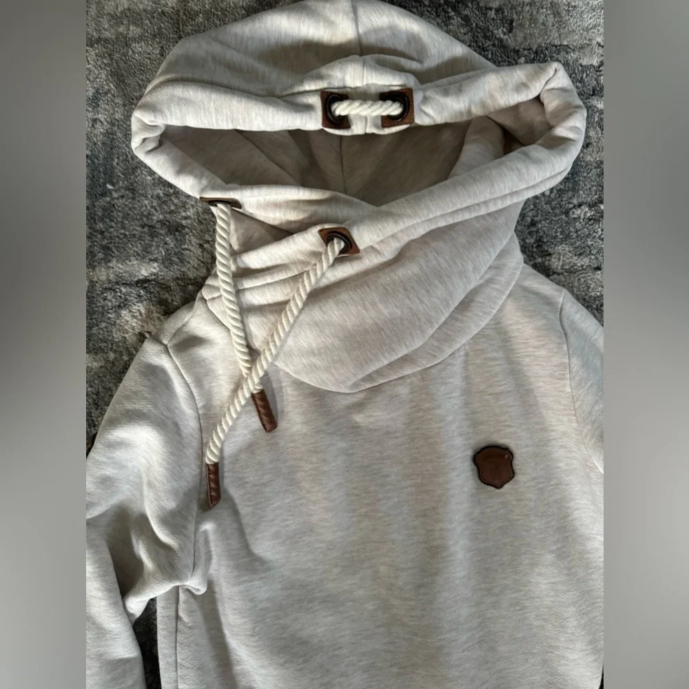 NAKETANO Women's Hooded Hoodie Beige Cotton Blend Pullover - Picture 4 of 8